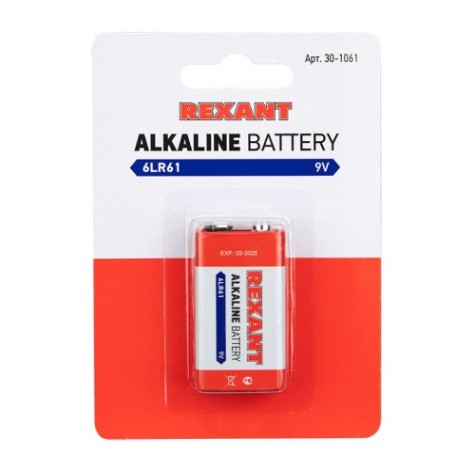Батарейка REXANT 30-1061 алкалиновая 6LR61, 9B, 1 шт, «Kрона» Батарейка REXANT 30-1061 алкалиновая 6LR61, 9B, 1 шт, «Kрона»