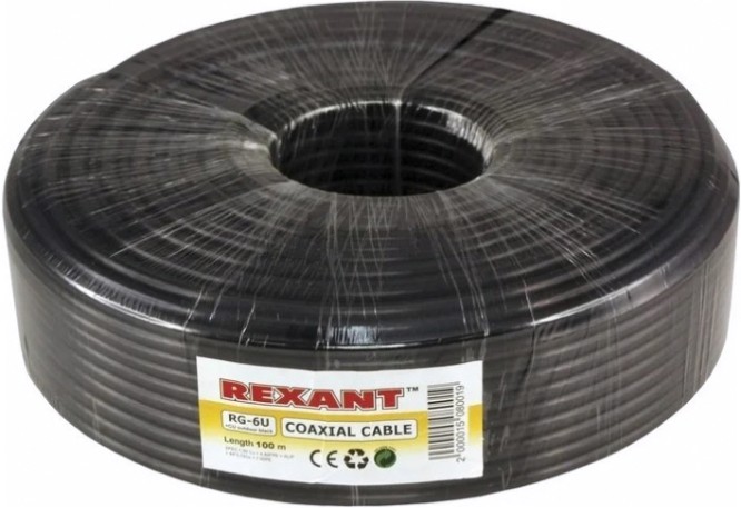 Кабель REXANT RG-6U (75 Oм) Cu/Al/Cu (1,0/Al/48х0,12мм) 64% черный, 100м [01-2222]