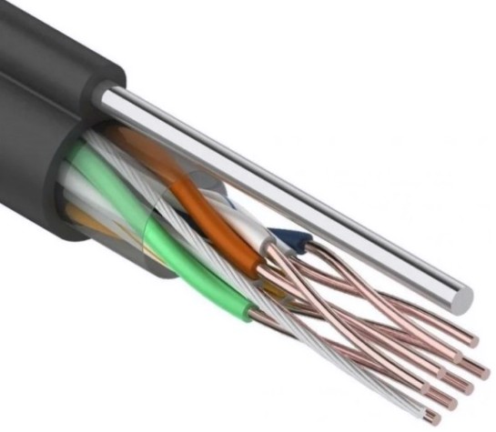 Кабель REXANT U/UTP, CAT 5e, PE 4х2х0,50мм, 24AWG внешний, черный, с тросом [01-0046]