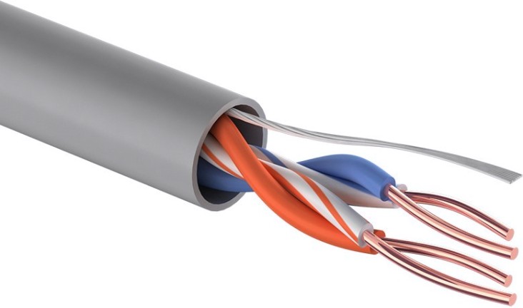 Кабель REXANT U/UTP, CAT 5e, PVC 2x2x0,50 мм, 24AWG внутренний, серый [01-0023]
