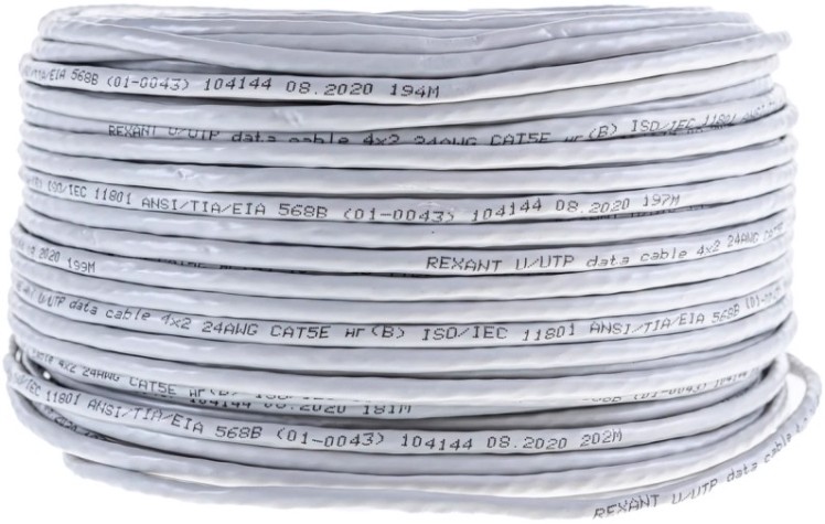 Кабель REXANT U/UTP, CAT 5e, PVC 4x2x0,50мм, 24AWG внутренний, серый, 100м [01-0043-100]