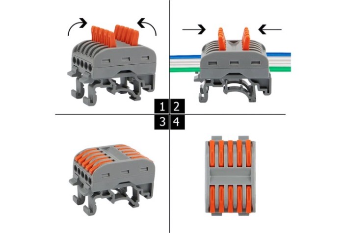 Клемма проходная REXANT СМК 222-425D 5-полюсная, на DIN-рейку (0,08-4 мм²), серая 4шт [07-5236-04]