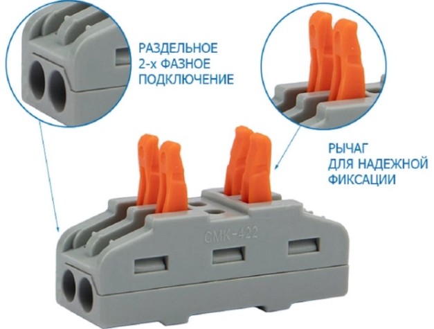 Клемма REXANT СМК 222-422 проходная 2 полюса (0,08-4 мм²), серая (5 шт./уп.) [07-6263-2-05]