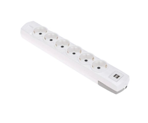 Колодка REXANT 13-4407 PREMIUM 6 гнезд, с/з, 2 USB, белый