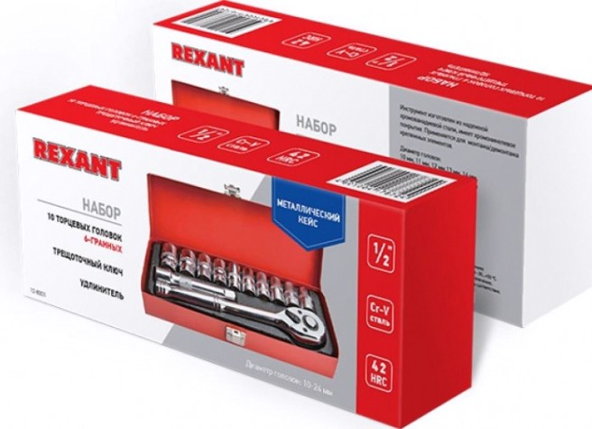 Набор головок 1/2" REXANT 12-8301 торцевых, с трещоточным ключом, 12 предметов Набор головок 1/2" REXANT 12-8301 торцевых, с трещоточным ключом, 12 предметов