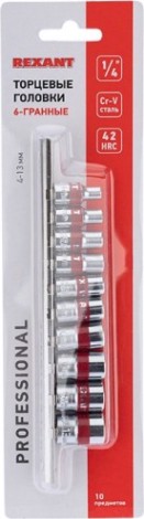 Набор головок 1/4" REXANT 12-8316 торцевых 1/4, шестигранные, CRV, 10 шт. Набор головок 1/4" REXANT 12-8316 торцевых 1/4, шестигранные, CRV, 10 шт.