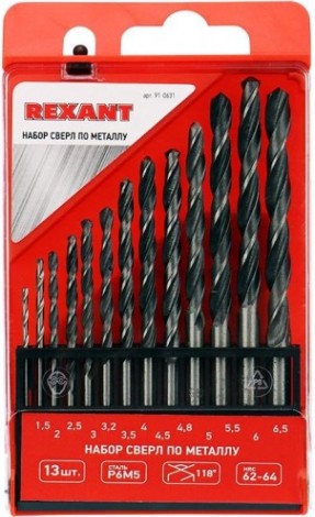 Набор сверл по металлу REXANT HSS (1.5-6.5 мм) 13 шт. [91-0631]