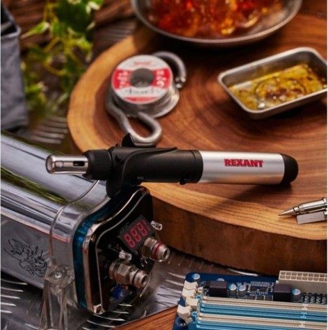 Паяльник REXANT П0501 с пьезоподжигом, газовый, 17мл, 2 насадки, блистер [12-0501]