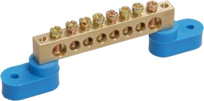 Шина REXANT 11-2326 «N» нулевая 6х9 мм на двух угловых синих изолятора