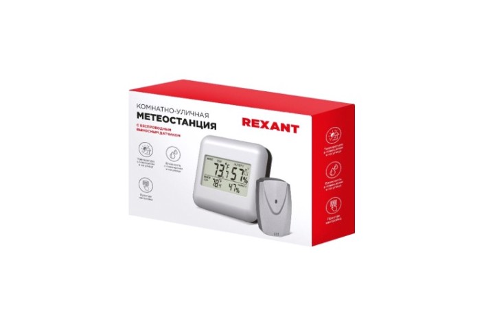 Термометр REXANT 70-0596 электронный S3341BF с часами и беспроводным выносн Термометр REXANT 70-0596 электронный S3341BF с часами и беспроводным выносн