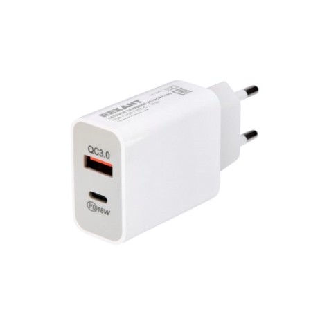 Зарядное устройство REXANT 18-2216 сетевое USB-A+USB-C адаптер, 18W белое Зарядное устройство REXANT 18-2216 сетевое USB-A+USB-C адаптер, 18W белое